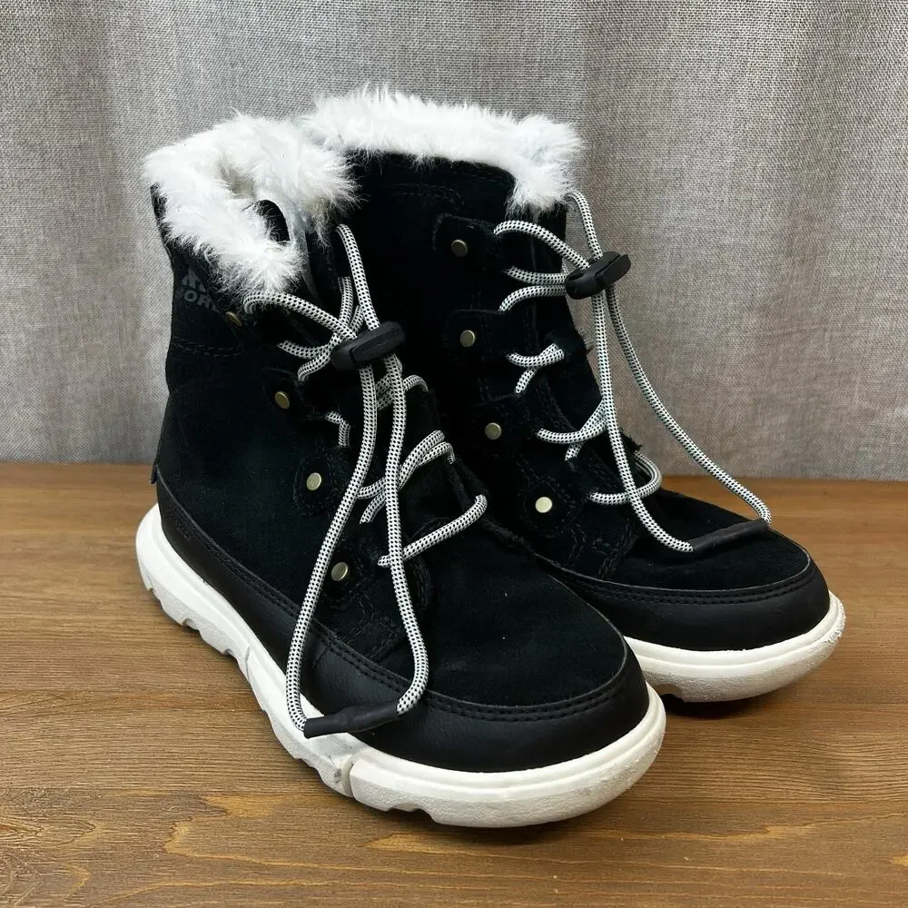 SOREL Explorer II Joan Boots Suede Faux Fur Sz 2 Waterproof Lace Up Shoes Black
